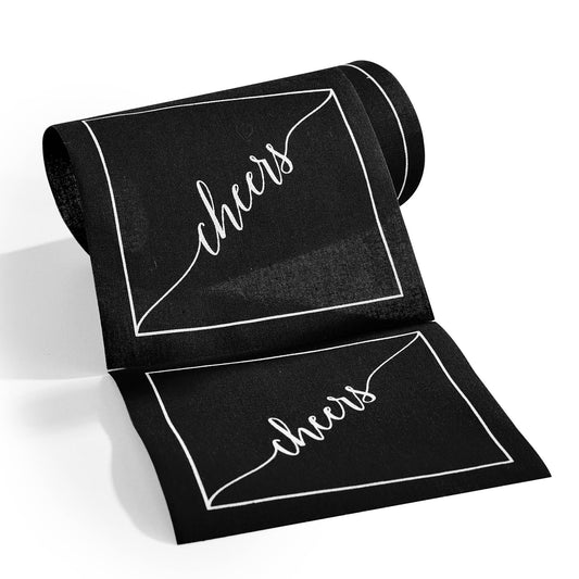 Cotton Cocktail Napkin Roll: Midnight Toast -Silver "Cheers"
