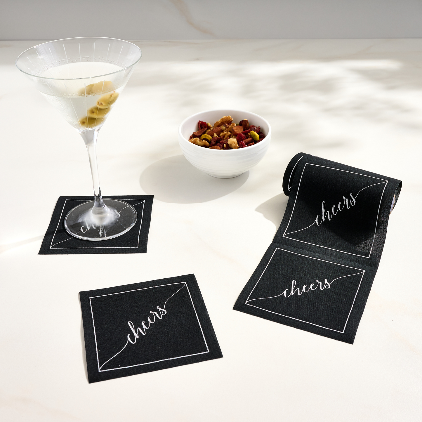 Cotton Cocktail Napkin Roll: Midnight Toast -Silver "Cheers"