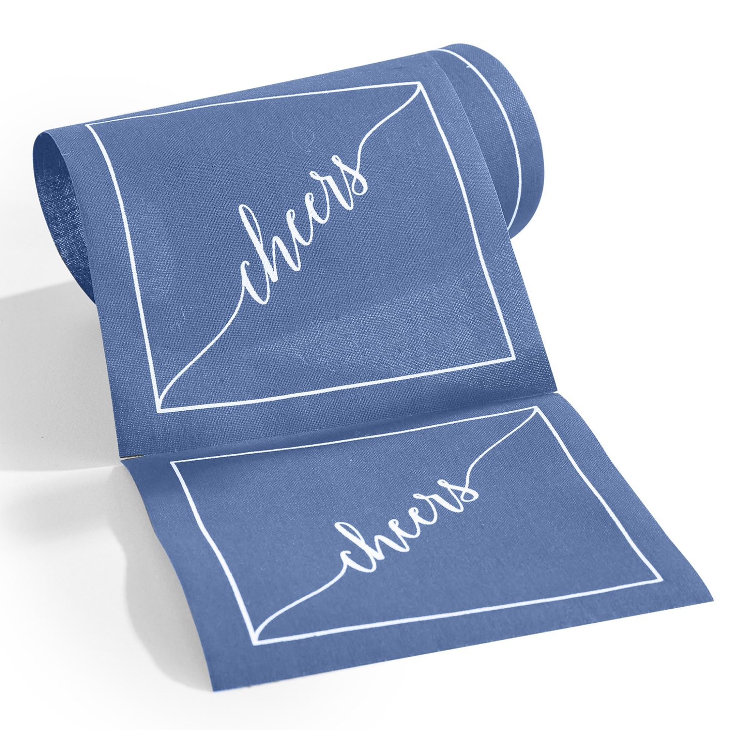 Cotton Cocktail Napkin Roll: Mystic Blue - White "Cheers"