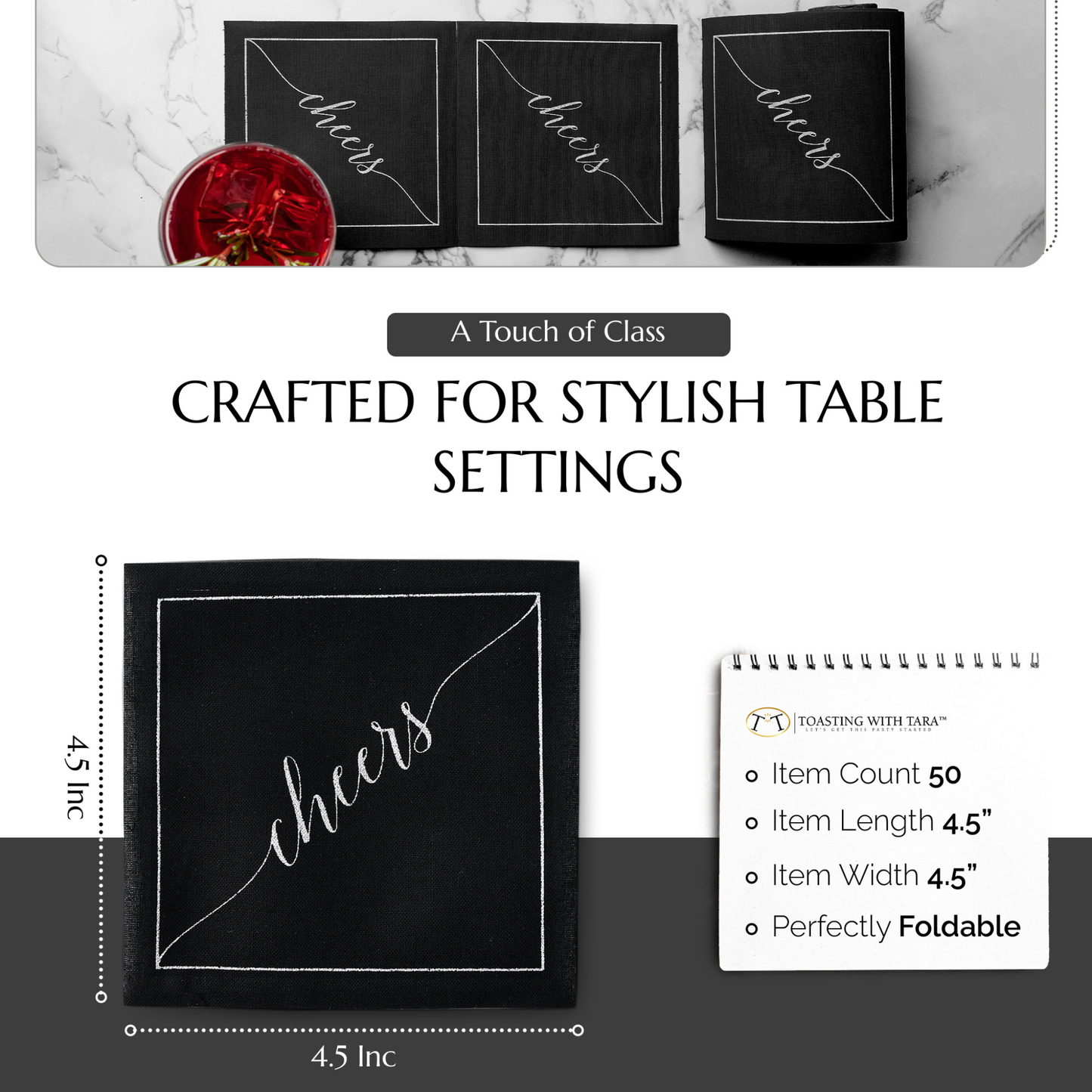 Cotton Cocktail Napkin Roll: Midnight Toast -Silver "Cheers"