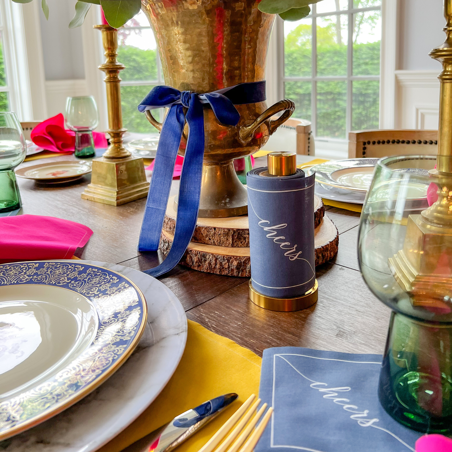 Cotton Cocktail Napkin Roll: Mystic Blue - White "Cheers"